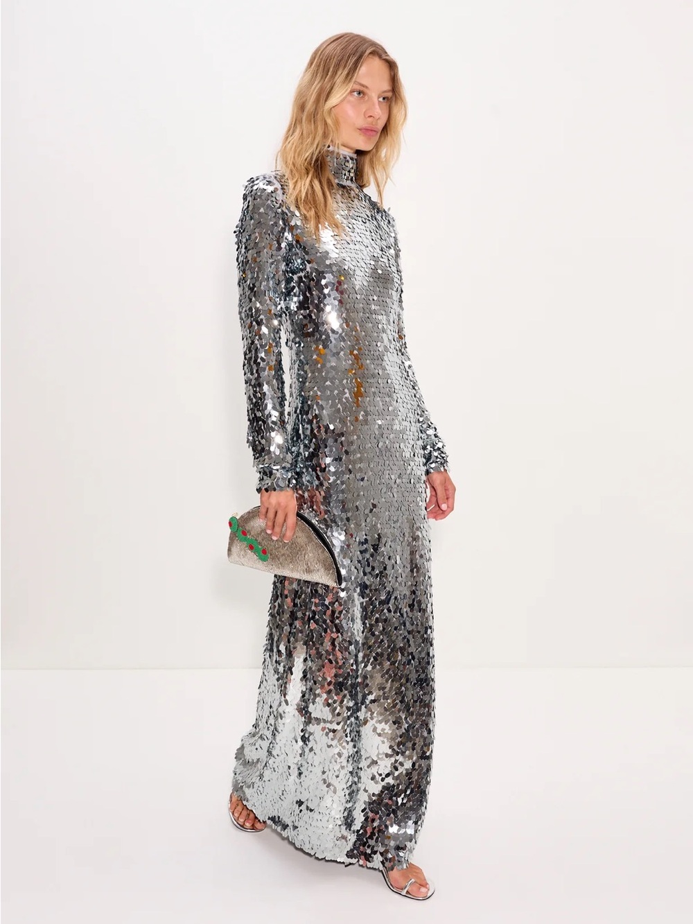 Simon Miller Silver Sequin Long-Sleeve Maxi Gown